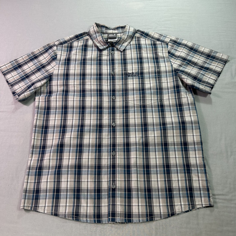 Jack Wolfskin Shirt Mens Large Gray‎ Plaid Button Up Outdoor Casual Adult